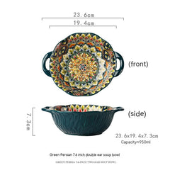 Hand Painted Yellow Green Wave Tree Ceramic Noodle Bowl