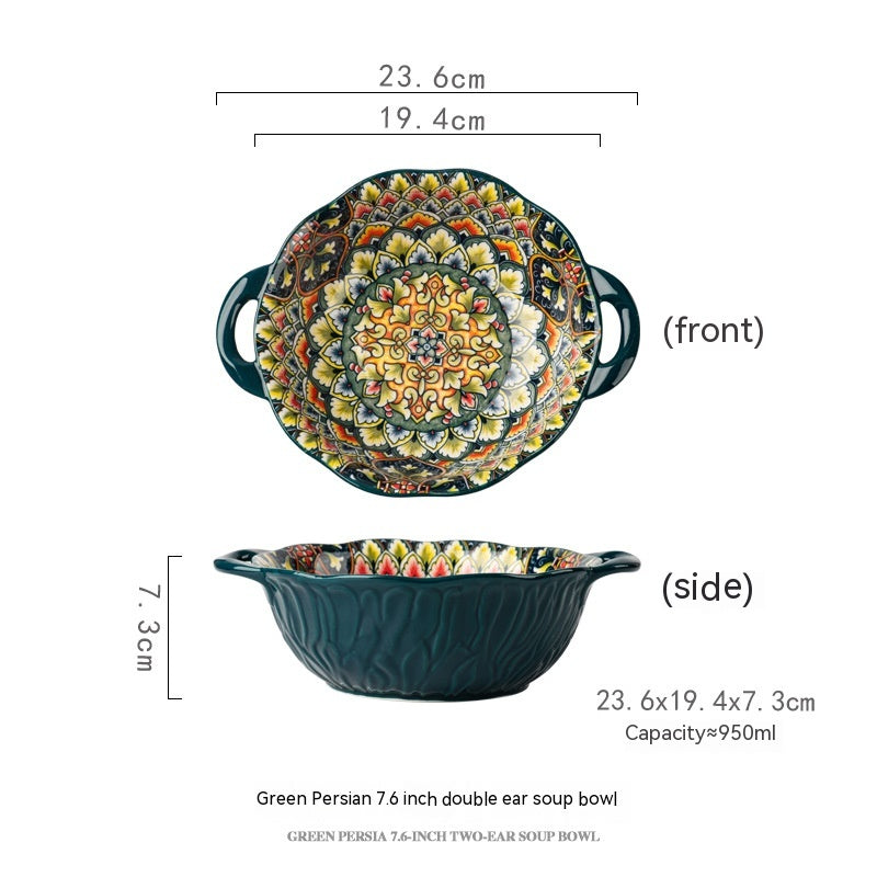 Hand Painted Yellow Green Wave Tree Ceramic Noodle Bowl