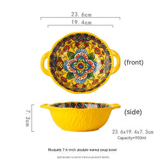 Hand Painted Yellow Green Wave Tree Ceramic Noodle Bowl