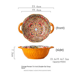 Hand Painted Yellow Green Wave Tree Ceramic Noodle Bowl