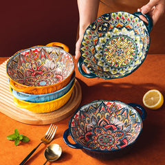 Hand Painted Yellow Green Wave Tree Ceramic Noodle Bowl