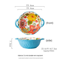 Hand Painted Yellow Green Wave Tree Ceramic Noodle Bowl